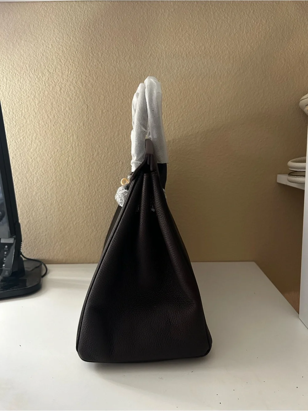 35cm Ebene Structured Top-Handle Bag with Gold Hardware